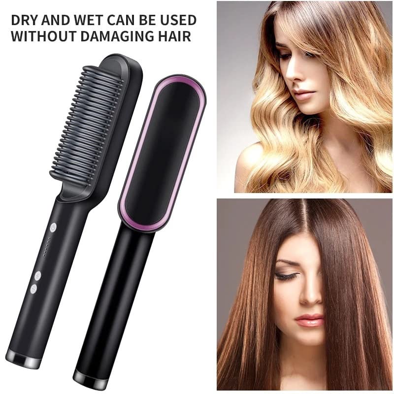 Multifunctional Hair Straightener Brush - Heating Curler, Straightener, and Styler Comb for Hair & Beard | Fast Heating Hair Straightening Iron with Anti-Scald Technology, Adjustable Temperature, and Dual Voltage | 2-in-1 Comb for Smooth Styling and Professional Results for Men and Women Image