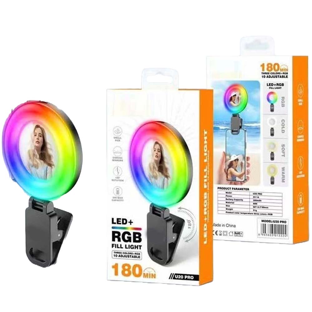 U20 PRO Ring Selfie Light - RGB Clip LED Fill Light with Tripod, Portable Mini Video Lighting for Phone & Camera (Black) Image