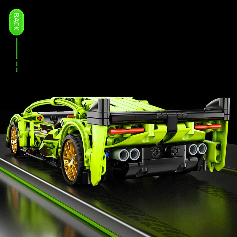 Come Alive Tech Sport Racing Car Building Set. 439-piece green DIY bricks with pull-back function for kids. STEM construction toy. Image