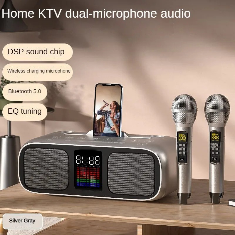 S39 Karaoke Speaker | Dual Horns, Wireless Dual Microphones | Mobile Entertainment & TV Karaoke All-In-One (Grey) Image