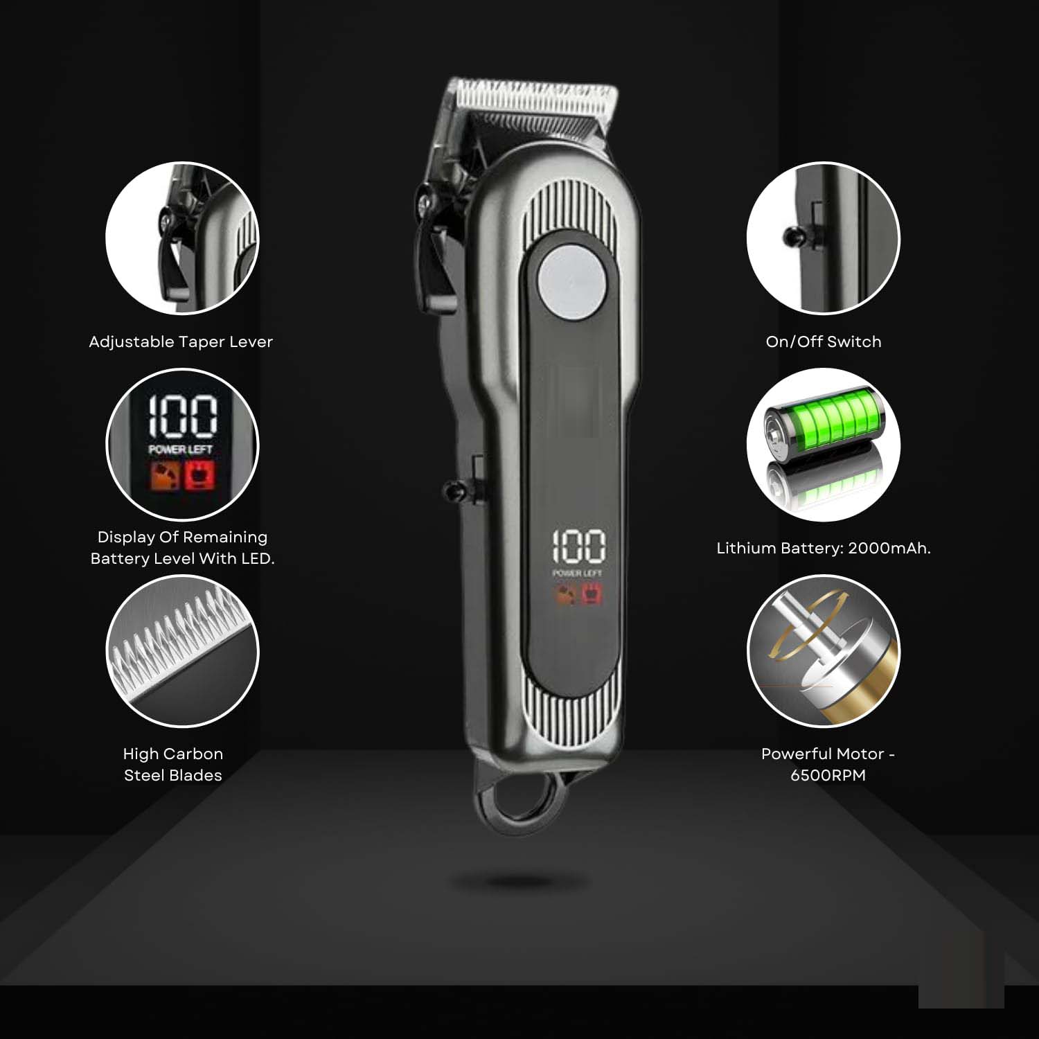Pro Cordless Hair Clipper - 6500 RPM Rotary Motor, 240min Runtime, Digital Display, Taper Lever (Multi-Colour) Image