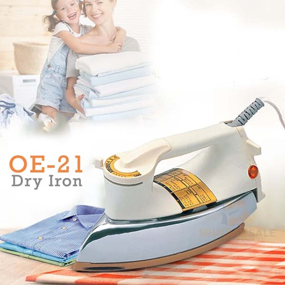 OE-21 Dry Iron with Teflon Coating. Suitable for all fabrics, ensuring smooth, scratch-free ironing. White and golden design. Image