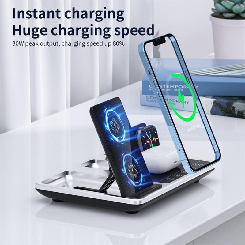 R11 Multifunctional 4-in-1 Wireless Charger – Folding Portable Charging Station with Digital Display and Time Function Image