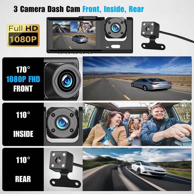 4-Inch Triple-Lens WiFi Dash Cam - Front/Rear/Inside Recording, Mobile App Control, Night Vision & Parking Monitor Image