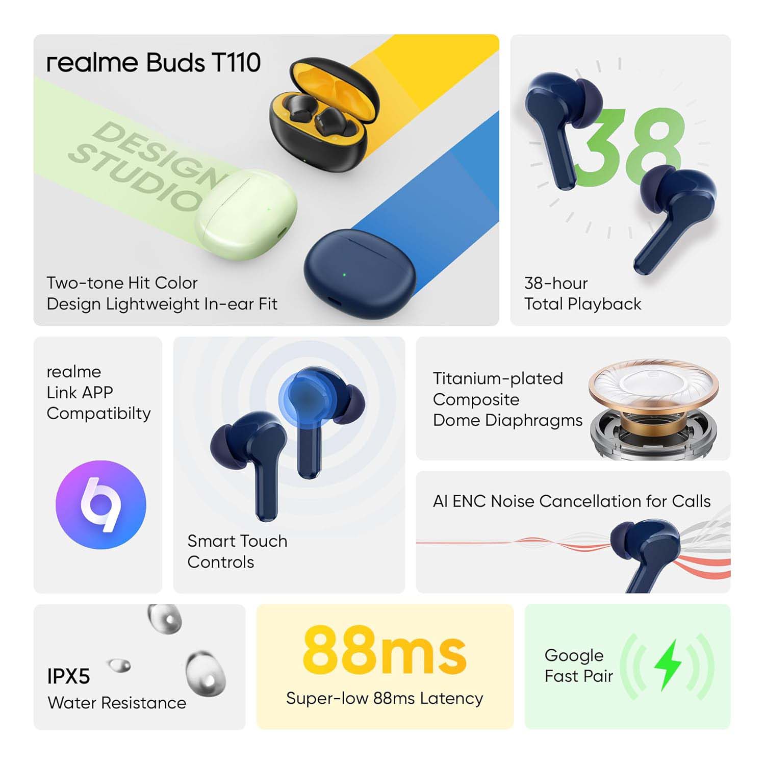 T100 Buds True Wireless Earbuds - 10mm Bass Boost, 38H Playback, AI ENC, 88ms Low Latency, IPX5 Water Resistant - Premium Sound Quality (Multi) Image