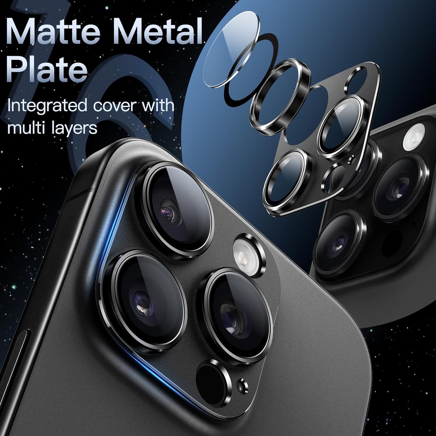 Camera Lens Protector for iPhone 16 Pro (6.3") and iPhone 16 Pro Max (6.9") – 9H Tempered Glass with Matte Metal Plate, Case-Friendly Full Coverage Lens Cover Image