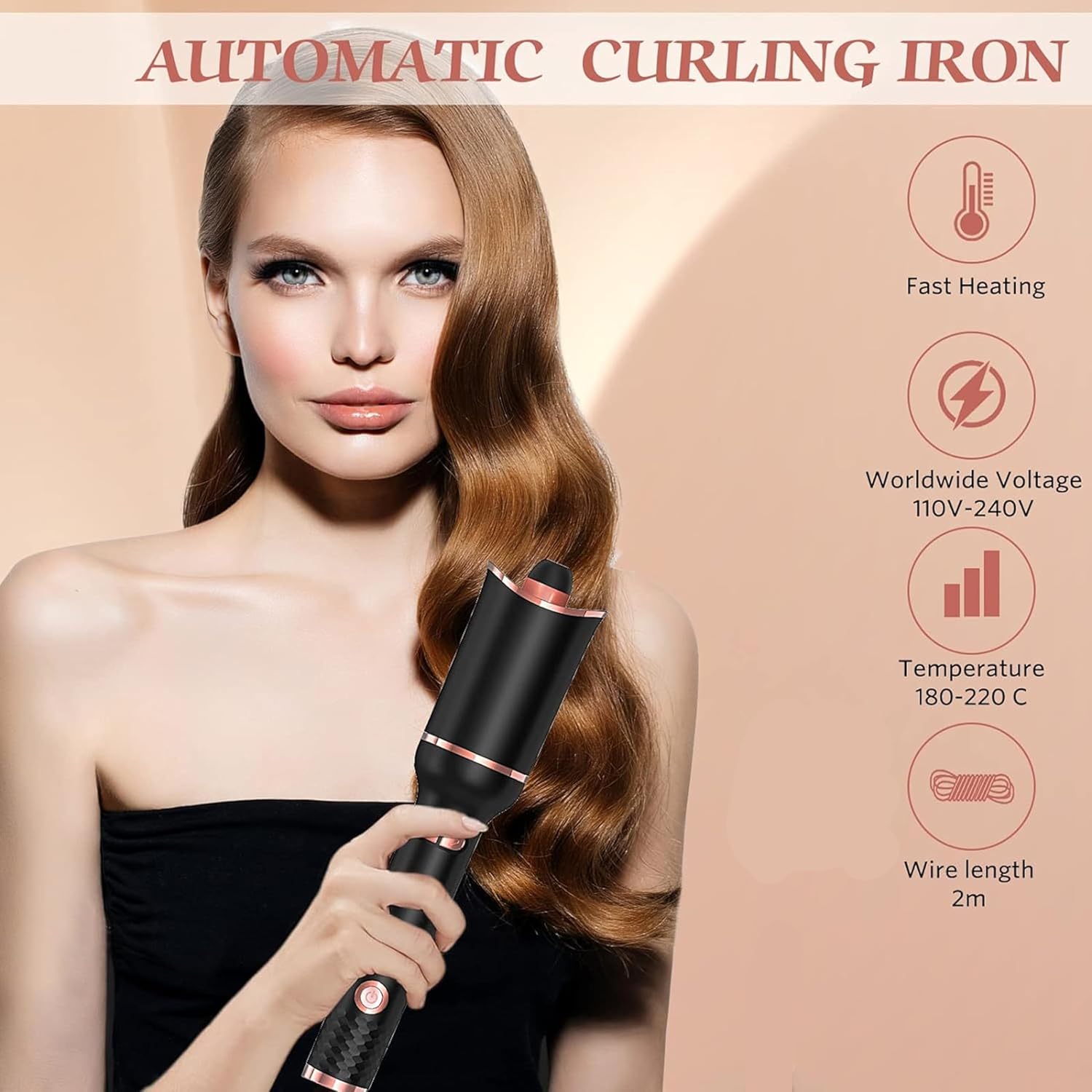 Automatic Hair Curler – 1" Rotating Curling Wand, Fast Heat, Dual Voltage, for Women – Creates Perfect Curls in Mid-Length to Long Hair (Black) Image