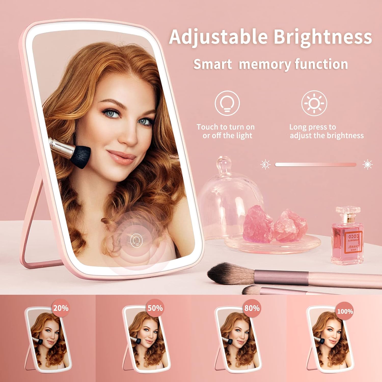 Makeup Vanity Mirror with 42 LED Lights, Touch Control, 3 Color Lighting, USB Rechargeable 2400mAh Battery, Portable Travel Mirror - Pink Image