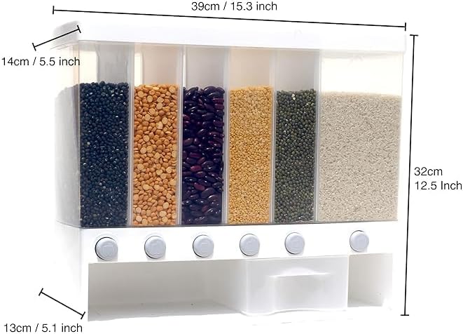 Wall Mounted Cereal Food Dispenser – 6-Section Space-Saving Kitchen Storage for Cereals, Pulses, and More Image