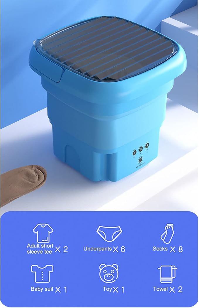 Portable Washing Machine | Mini Foldable Bucket Washer & Dryer Combo | Small Washer with Soft Spin Dry & Drainage Pipe for Underwear, Socks, Baby Clothes, Apartment, Dorm, Laundry (Blue) Image