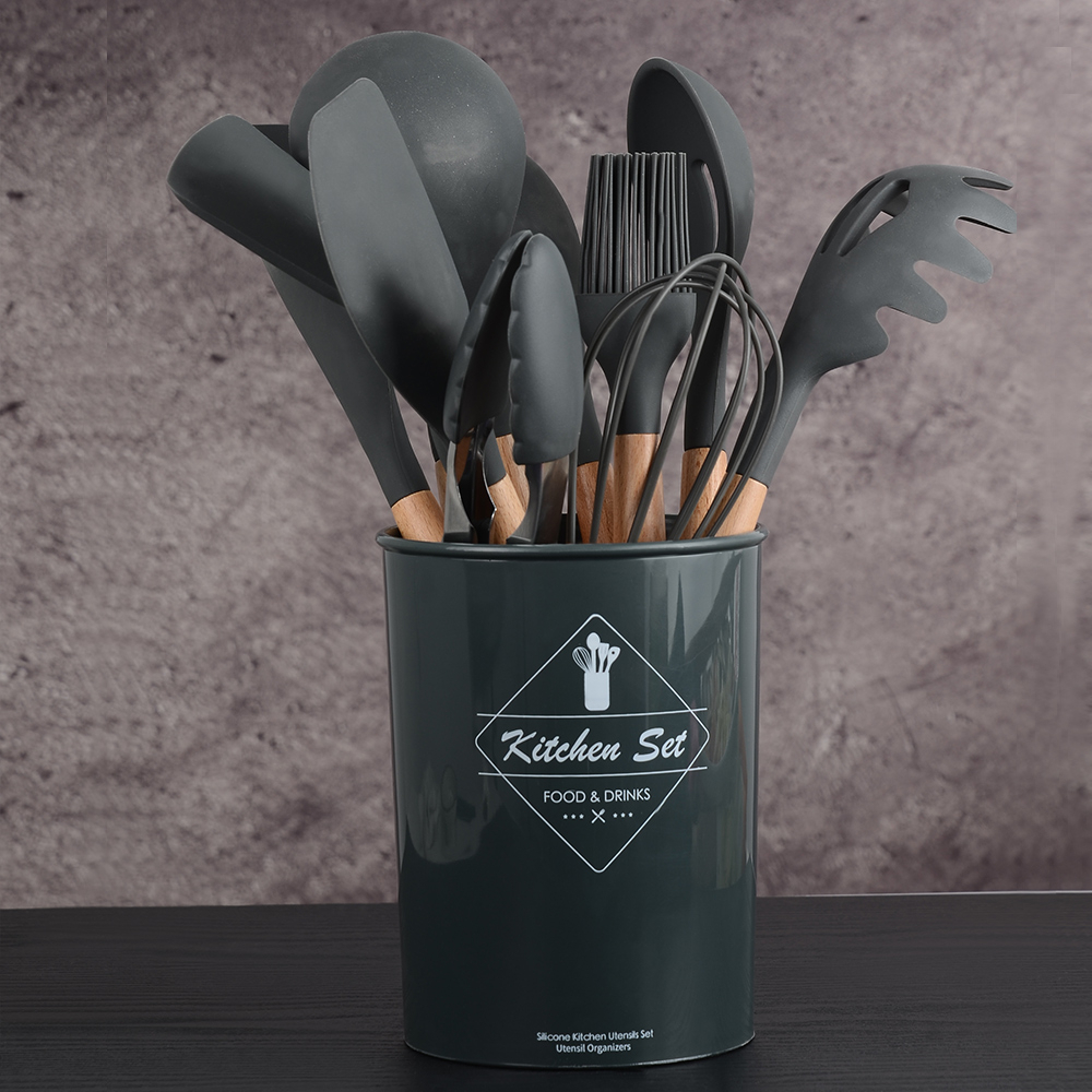 12-Piece Silicone Kitchen Set - Wooden Handles, Scratch-Resistant Baking Tools in Nylon Case, Perfect Home Kitchenware Image