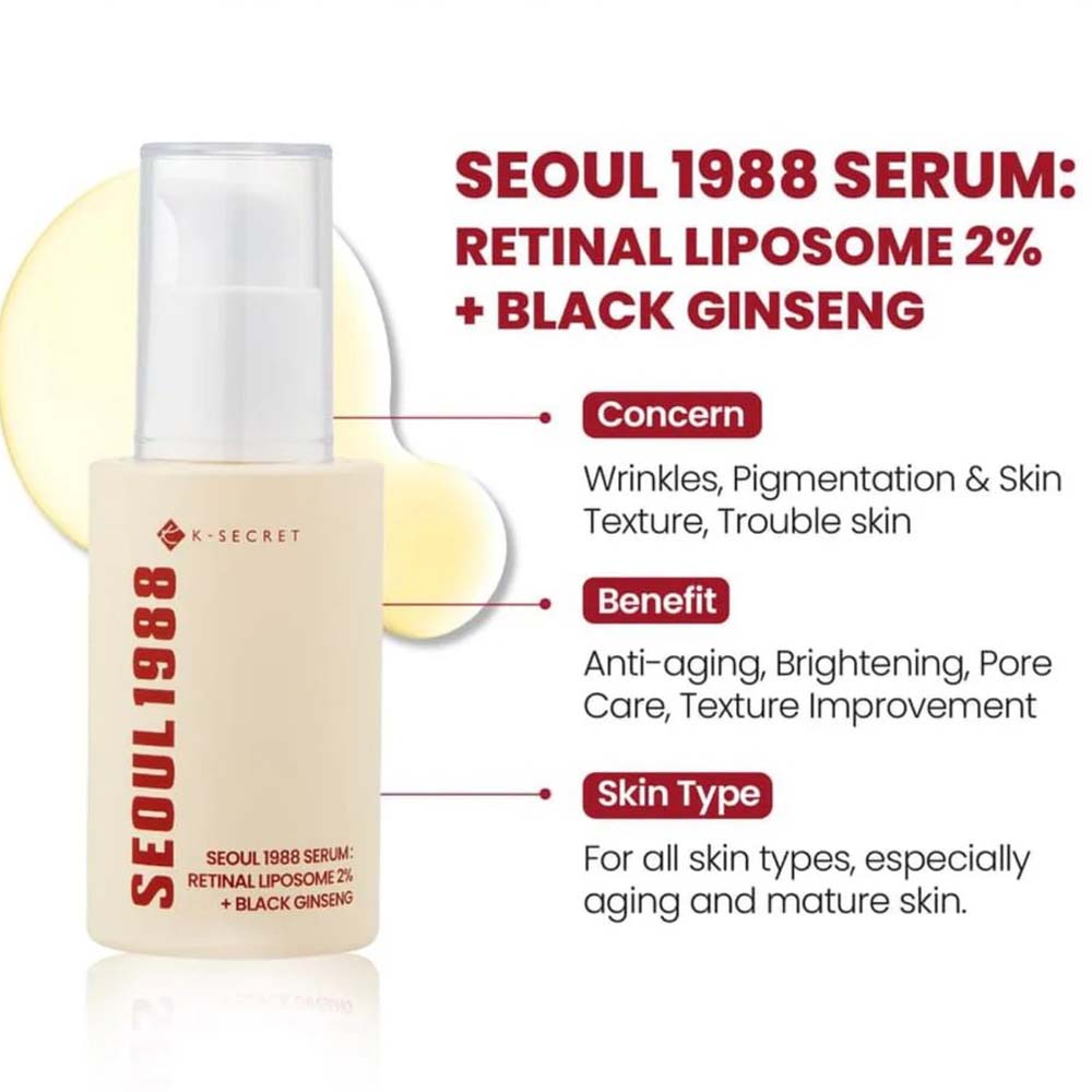 K-Secret SEOUL 1988 Serum with Retinal Liposome 2% & Black Ginseng – Anti-Aging, Wrinkle Care, Brightening & Firming Korean Face Serum 30ml Image