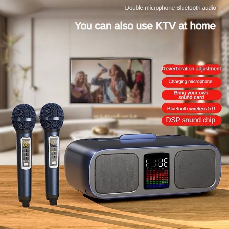 S39 Karaoke Speaker | Dual Horns, Wireless Dual Microphones | Mobile Entertainment & TV Karaoke All-In-One (Golden) Image