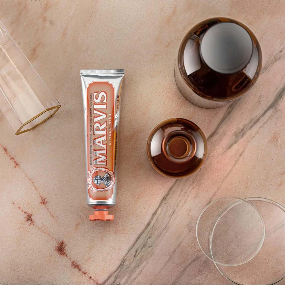MARVIS Classic Ginger Mint Toothpaste. A sophisticated, warming mint flavor for oral care with a vintage aesthetic. 85 ml. Image