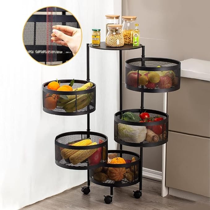 5-Tier Kitchen Storage Shelf - Rotatable Fruit & Vegetable Basket with 360° Swivel Wheels | Circular Rotating Storage Rack for Kitchen, Pantry, Bathroom, and More | Large Capacity Metal Organizer for Snacks, Spices, and Produce Image
