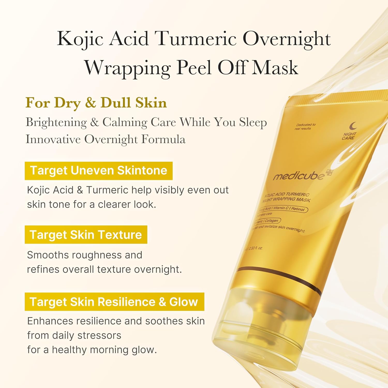 Medicube Turmeric Overnight Wrapping Peel Off Mask. Brightening & nourishing sleep mask for dull, uneven skin tone. 2.53 fl.oz. Image