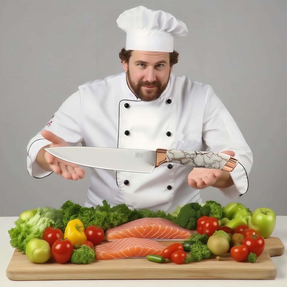 9-Piece White Kitchen Knife Set Ultra-sharp non-stick blades with cracked handle design & acrylic stand. Perfect gift set. Image