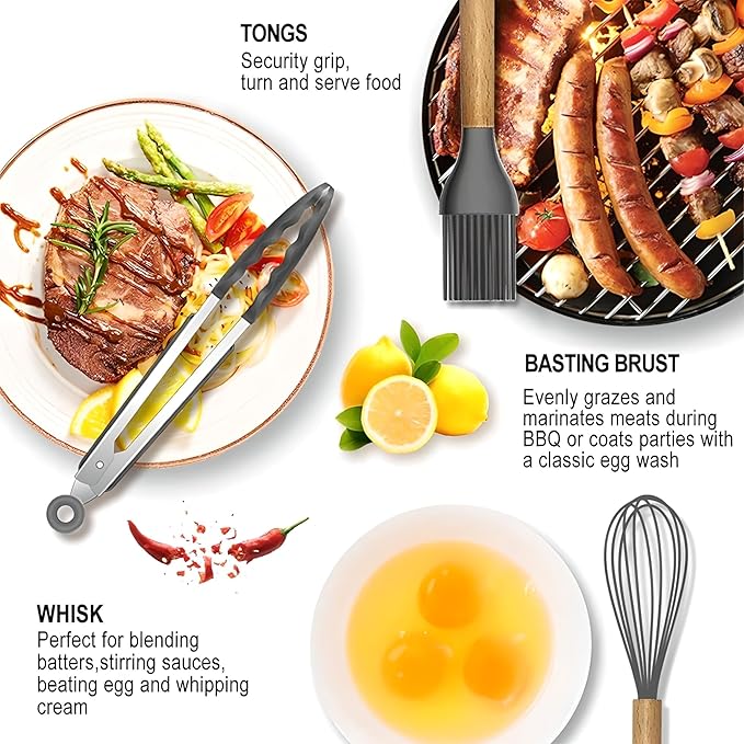 19-Piece Silicone Cooking Utensils & Knife Set with Block | Includes 11 Silicone Utensils, 5 Stainless Steel Knives, Scissors, Cutting Board | Black Image