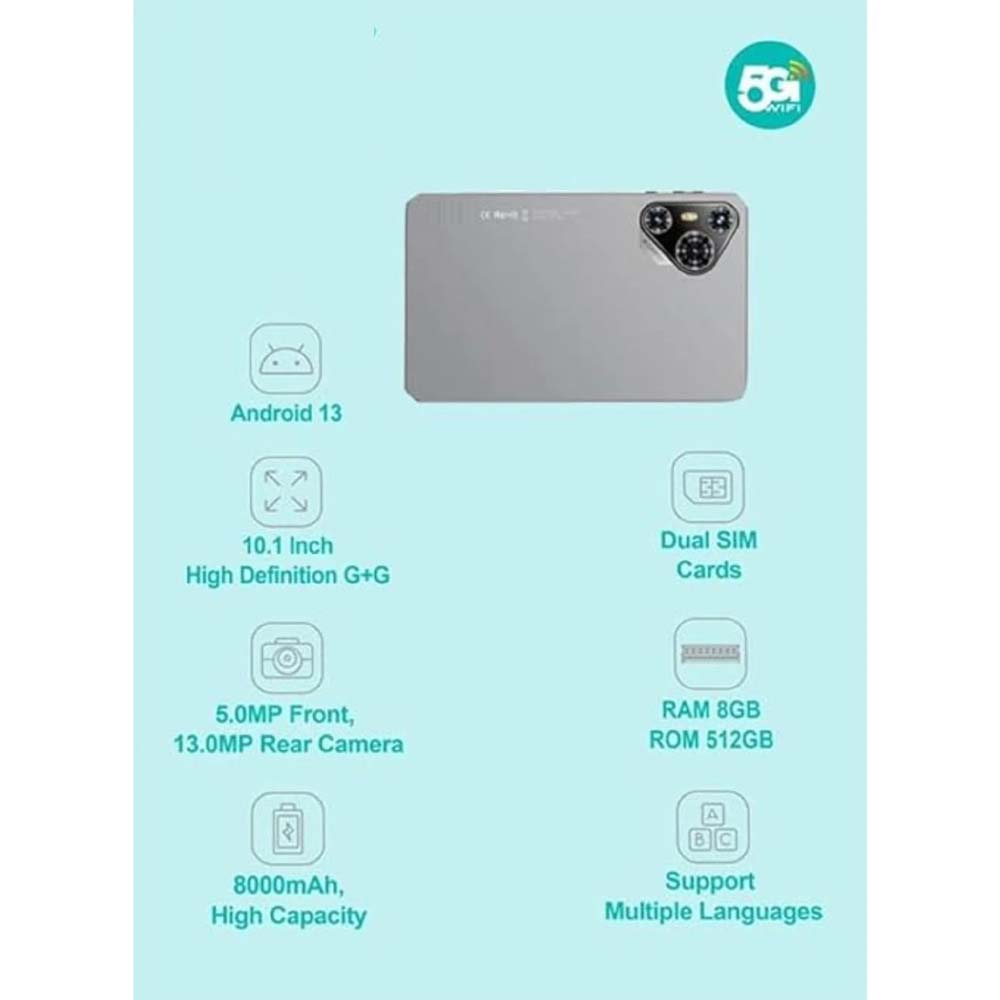 P200 11" Android 13 Tablet - 5G WiFi, Dual SIM, 8GB/512GB, 8000mAh, w/Keyboard & Mouse (Multi Colour) Image