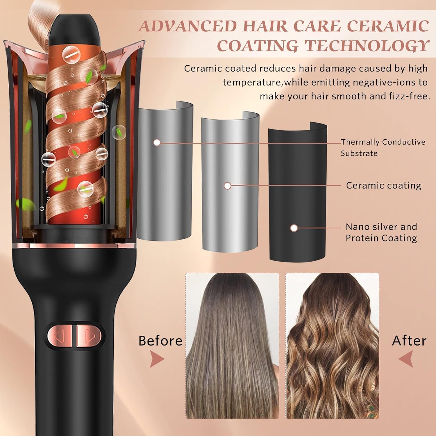 Automatic Hair Curler – 1" Rotating Curling Wand, Fast Heat, Dual Voltage, for Women – Creates Perfect Curls in Mid-Length to Long Hair (Black) Image