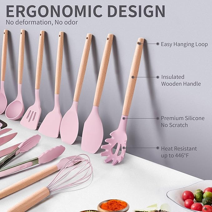 19-Piece Silicone Cooking Utensils & Knife Set with Block | Includes 11 Silicone Utensils, 5 Stainless Steel Knives, Scissors, Cutting Board | Pink Image