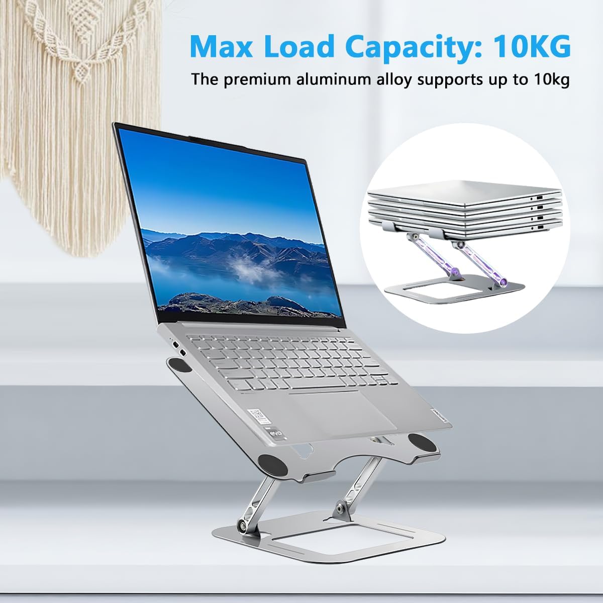 Adjustable Aluminum Laptop Stand - Ergonomic Foldable Riser for Desk, Notebook Computer Holder with Ventilation, Silver Image