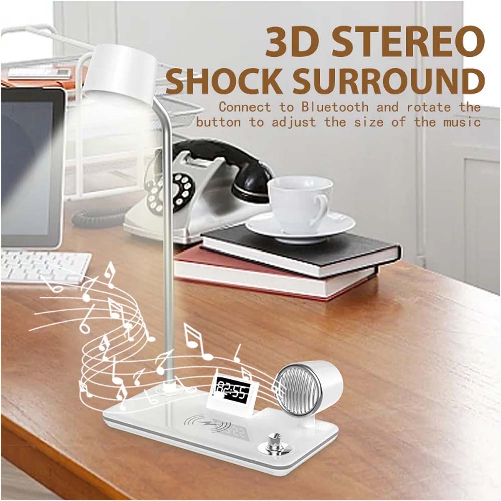 LED Desk Lamp with Wireless Charger, Bluetooth Speaker, Clock & Night Light - Modern Multifunctional Touch Control Design Image