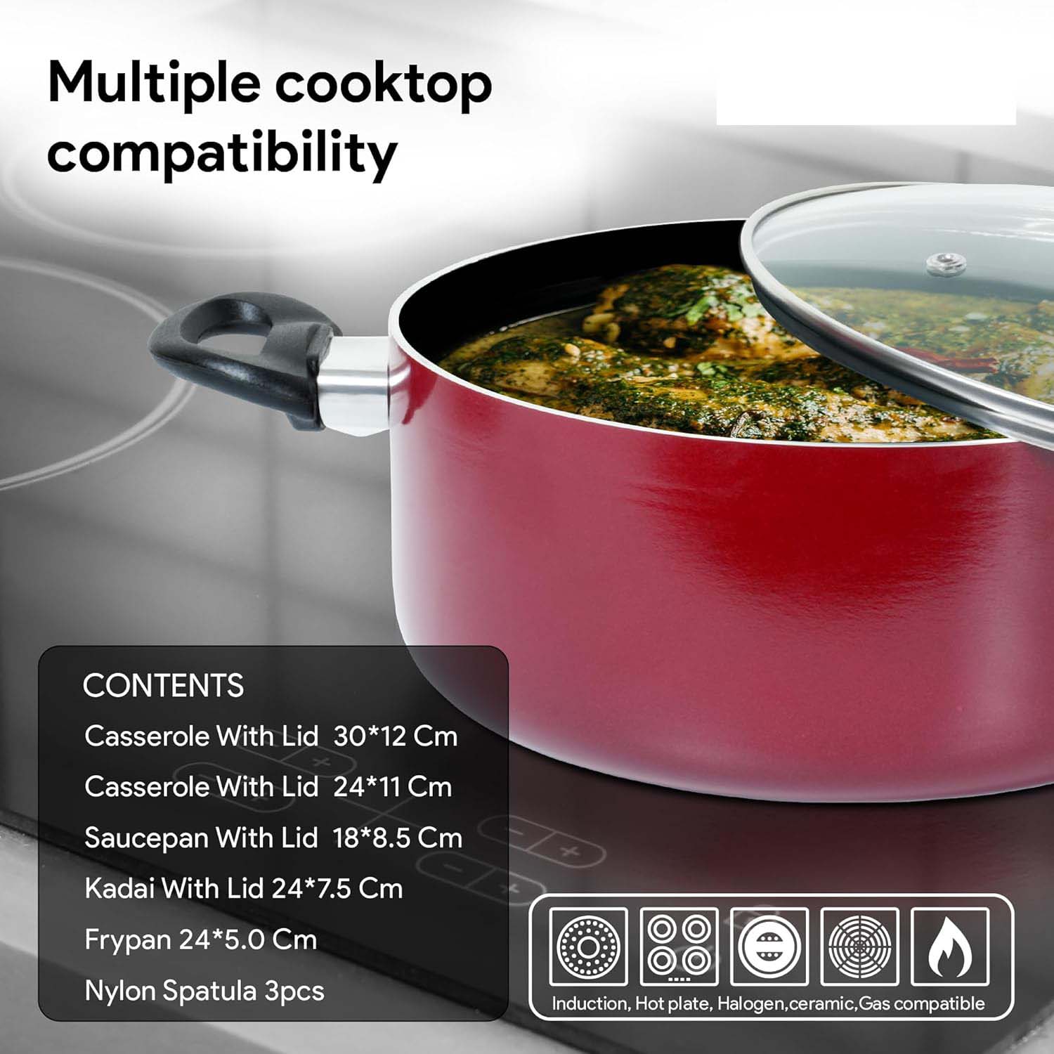 9-Piece Non-Stick Cookware Set - Cast Aluminum Casserole, Kadai, Frypan, Milkpan with Glass Lids & Nylon Spatulas, Heat-Resistant Image