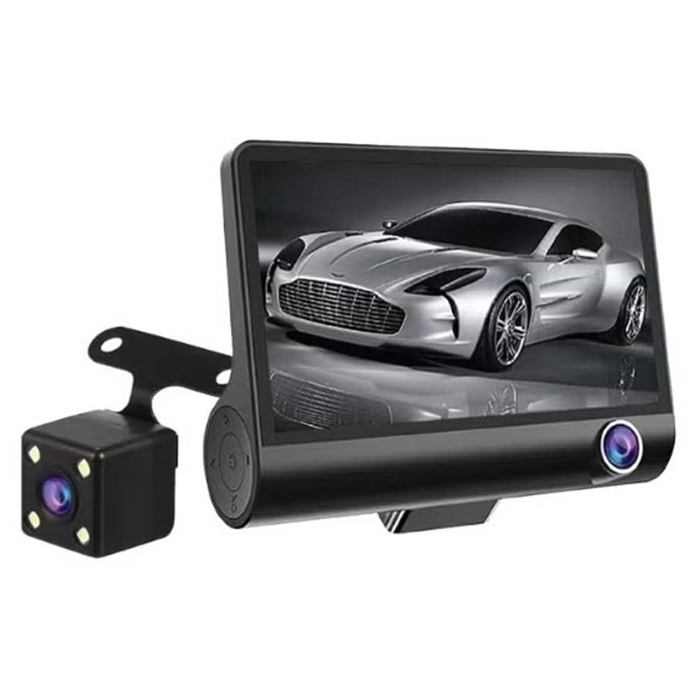 DX3618 3-Channel Car Dashcam. 4" HD display with front, rear & inside cameras. Loop recording, night vision & G-sensor. Image