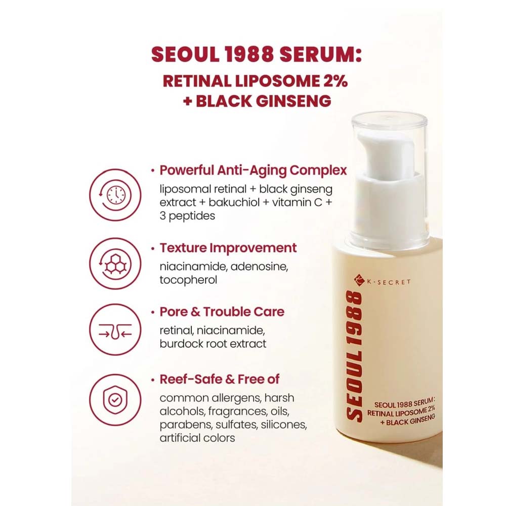 K-Secret SEOUL 1988 Serum with Retinal Liposome 2% & Black Ginseng – Anti-Aging, Wrinkle Care, Brightening & Firming Korean Face Serum 30ml Image