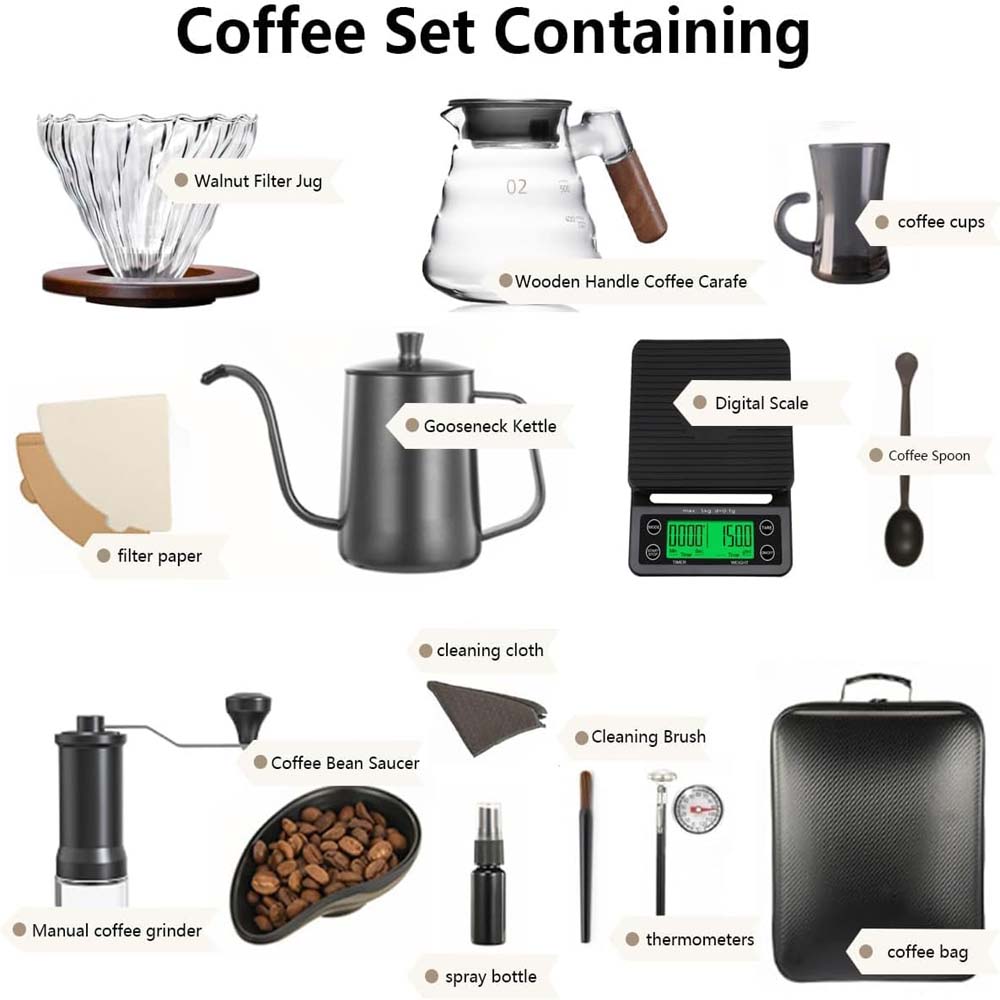 DX-2573 12-PC Pour Over Coffee Kit - Complete Set with Wooden Dripper & Travel Bag, Perfect Gift for Coffee Lovers Image