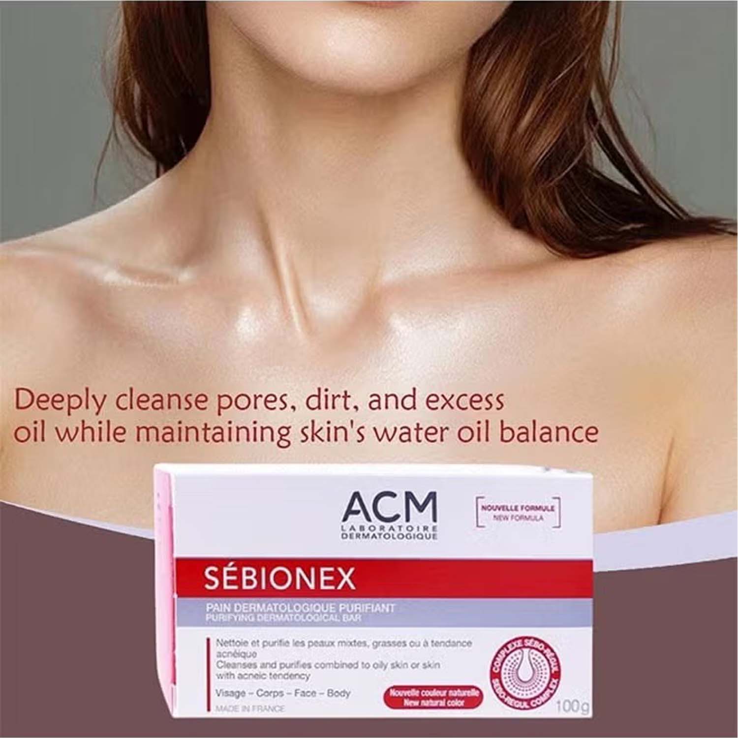 ACM Sebionex Purifying Soap. Deep cleansing bar for oily, acne-prone skin. Helps regulate sebum & prevent impurities. 100g. Image