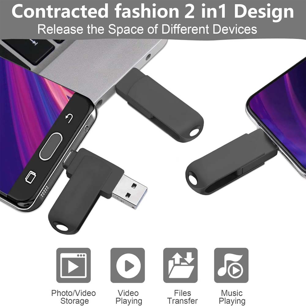 64GB USB-C Flash Drive - 170MB/s High-Speed Dual-Port Memory Stick for Android Phones, Tablets, PCs & Mac (Black) Image