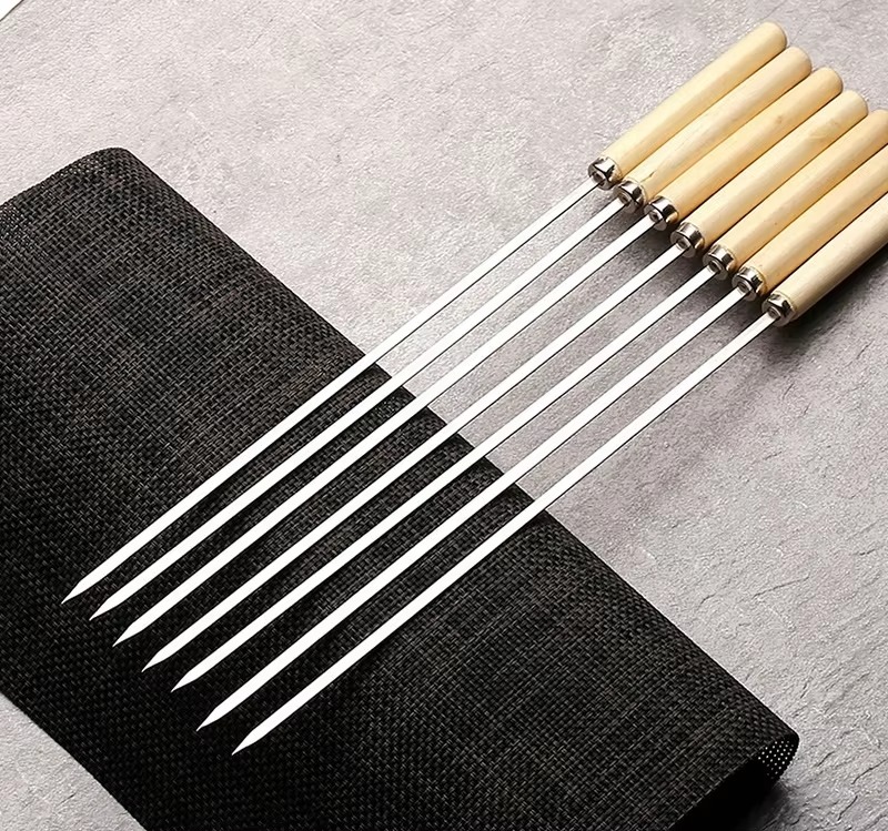 6 Pcs Kebab Skewers | Barbecue Skewers with Wooden Handle | Reusable Stainless Steel Metal BBQ Kabab Sticks Image
