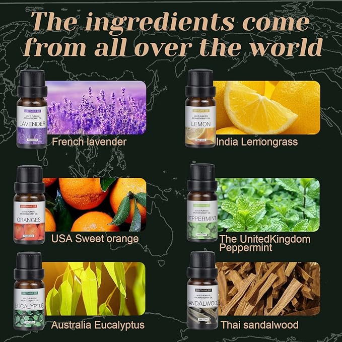 6-Pack Essential Oils Set - 10mL Bottles, Water Soluble Aromatherapy Oils for Diffusers, Humidifiers, and Relaxation - Includes Sandalwood, Sweet Orange, Lavender, Eucalyptus, Lemon, and Mint - Premium Aromatherapy Essential Oil Suit for Wellness & Calming Effects Image