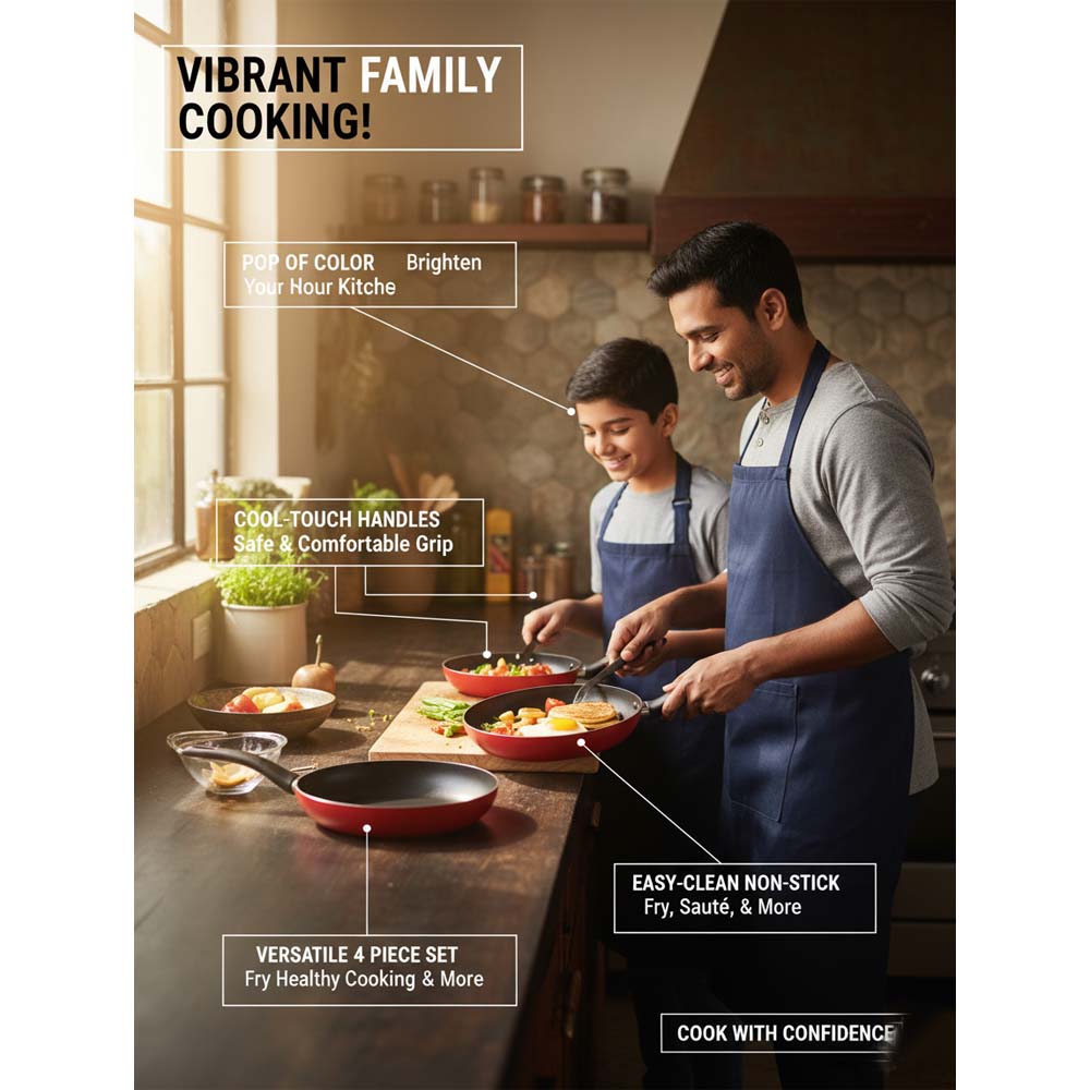 OE-017 4-Piece Red Non-Stick Frying Pan Set. 3 aluminum pans & spatula in 20cm, 24cm, 26cm. Dishwasher-safe. Image