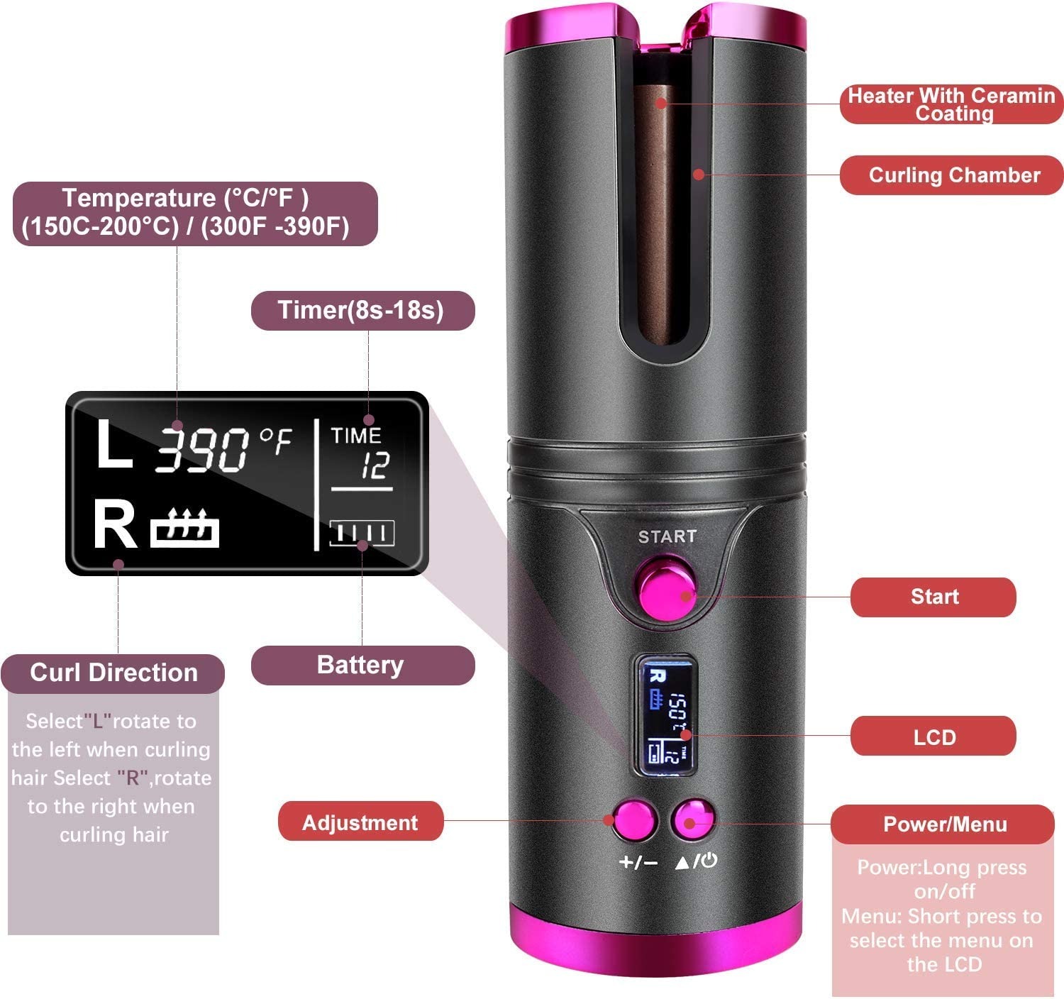 Cordless Hair Curler – Automatic Hair Curling Iron with Heatless Rotating Technology, 3 Temperature & Timer Settings Image
