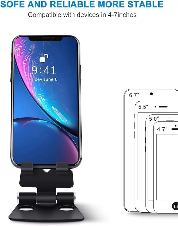 Fully Foldable Adjustable Cell Phone Stand | Desktop Phone Holder Cradle Dock for iPhone, iPad, Nintendo Switch, and Tablets (7-10") | Black Image