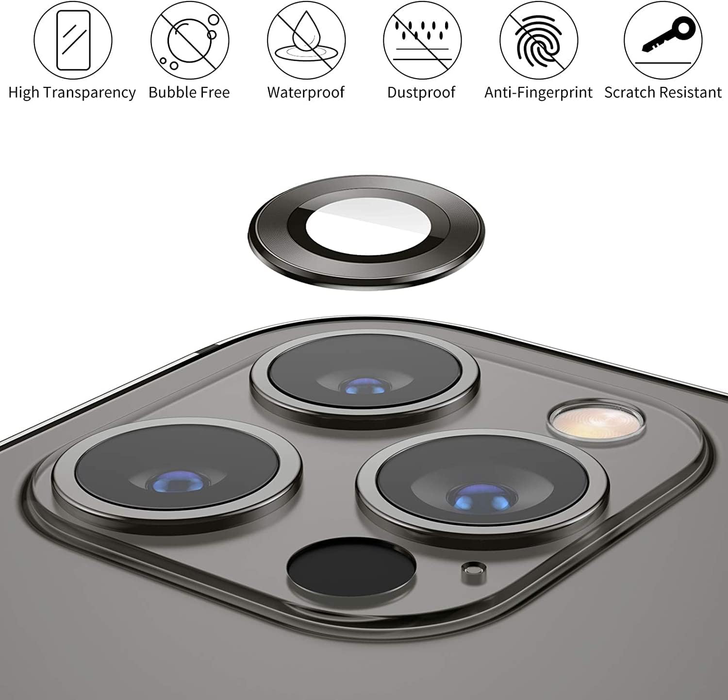 Camera Lens Protector for iPhone 13 Pro (6.1") and iPhone 13 Pro Max (6.7") – 9H Tempered Glass, Metal Individual Ring Cover, HD Clear, 1 Set Image