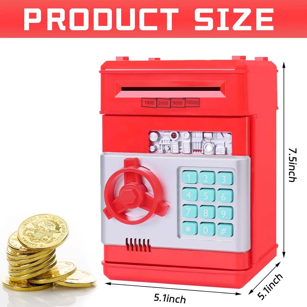 Electronic Money Bank for Kids - Password Lock, Auto Cash Scroll, ATM-Style Piggy Bank (Red) Image