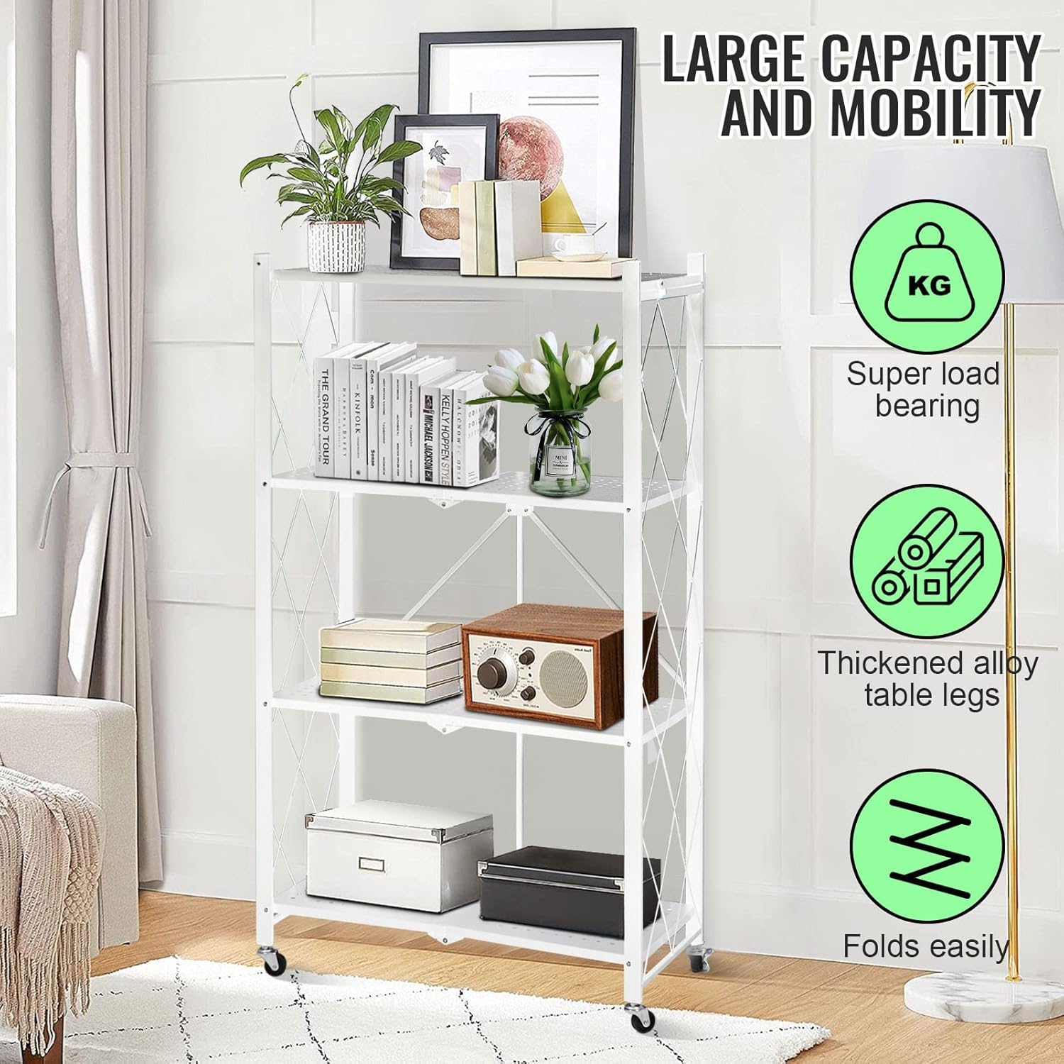 4-Layer White Mobile Folding Kitchen Storage Rack – No-Installation, Thickened Multi-Purpose Shelf (White) Image