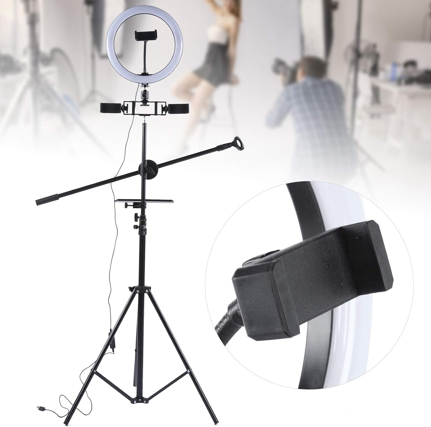 Ring Light Sound Card Tray with Live Microphone Stand | Adjustable Threaded Clamp Clip | Tripod Bracket Accessories with Mobile Phone Holder Image