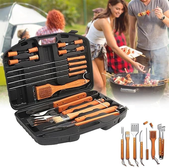 BBQ Tool Set 18-Piece | Stainless Steel with Wooden Handles | Ideal Christmas or Birthday Gift for Men, Dad, and Women Image