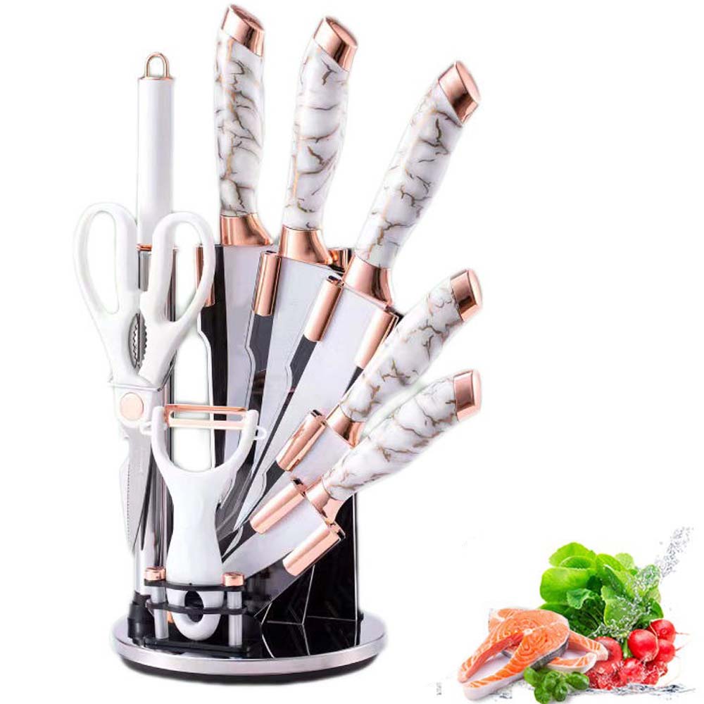 9-Piece White Kitchen Knife Set Ultra-sharp non-stick blades with cracked handle design & acrylic stand. Perfect gift set. Image