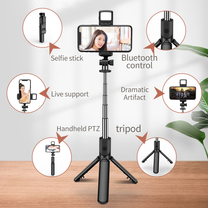Selfie Stick Tripod with Wireless Remote & 360° Rotation, Mini Extendable Selfie Stick Stand Holder with LED Fill Light, Perfect Compitable for iPhone & Android Smartphones, Compact & Portable for Travel, Vlogging, and Live Streaming Image