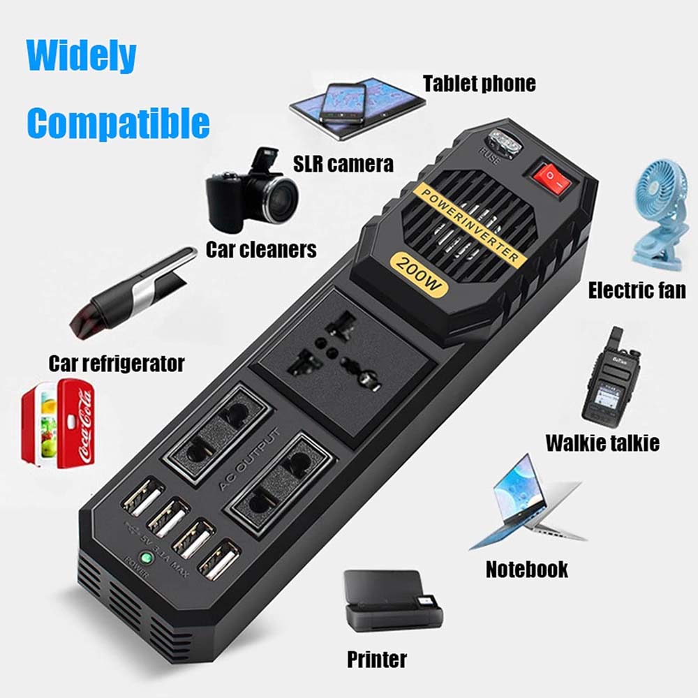 200W Car Power Inverter - DC 12V to AC 220V Converter with 2 AC Outlets, 4 USB Ports & Cigarette Lighter Socket Image