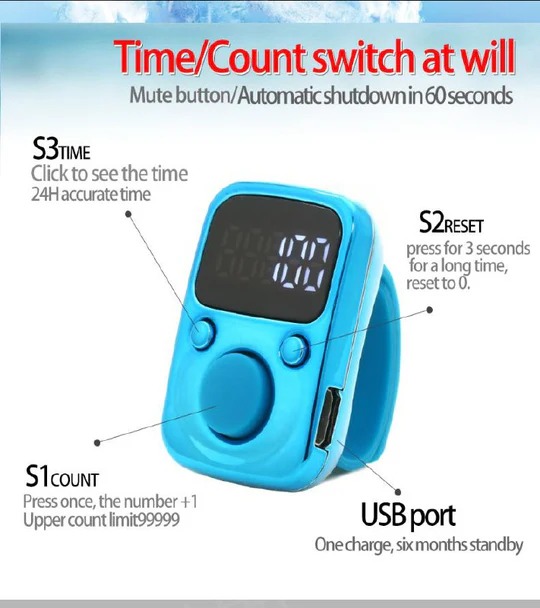 Digital LED Finger Tally Counter - Rechargeable Luminous Electronic Clicker for Prayer, Stitch Marker, and Counting Tasks | Compact Handheld Counter with Adjustable Strap & Bright LED Display | Durable and Lightweight Design in Stylish Sky Blue Finish Image