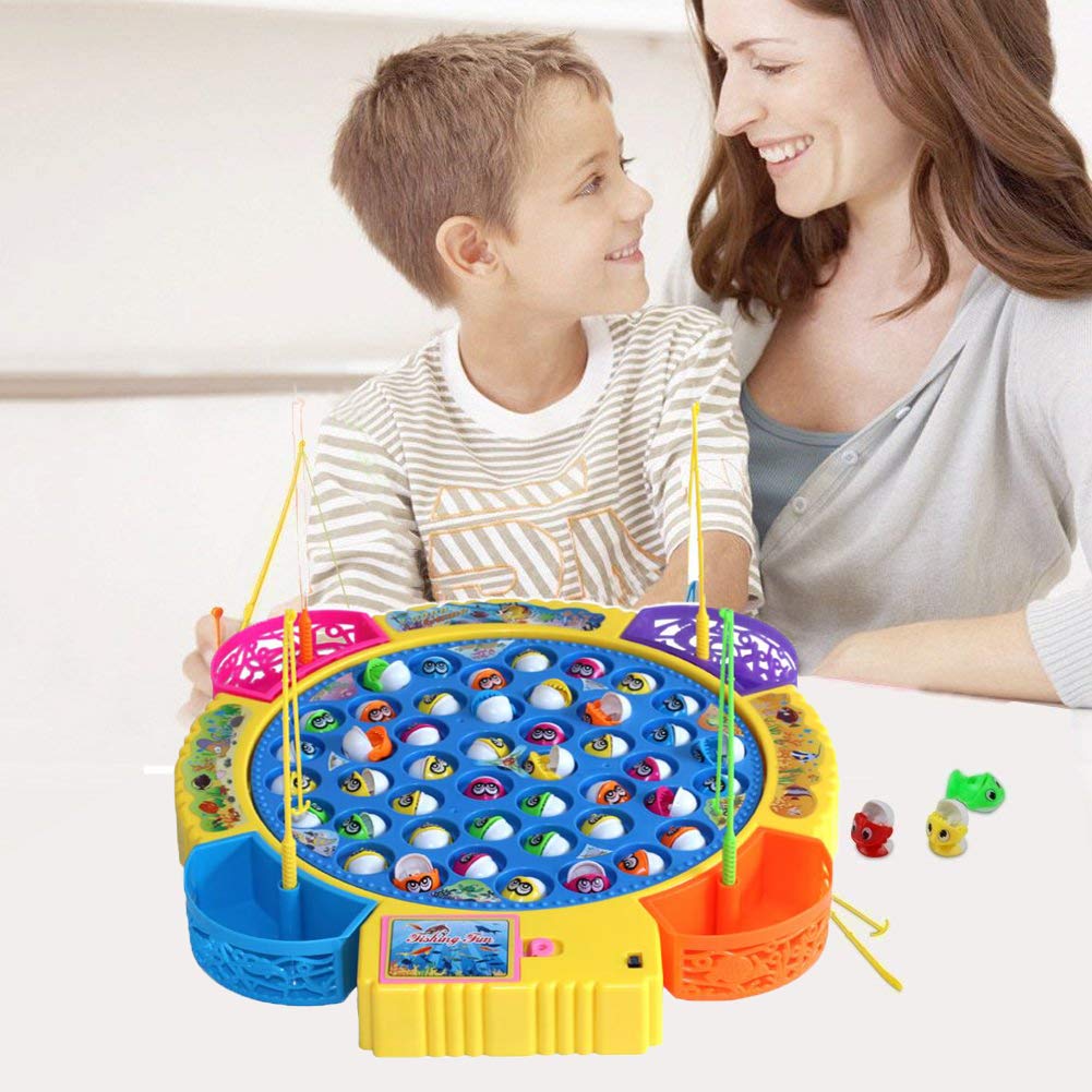 Fishing Game Electronic Musical Rotating Toy with 45 Fish & 4 Fishing Rods, Fun Learning Game, Gift for Kids of All Ages, Birthday Gift - Blue Image