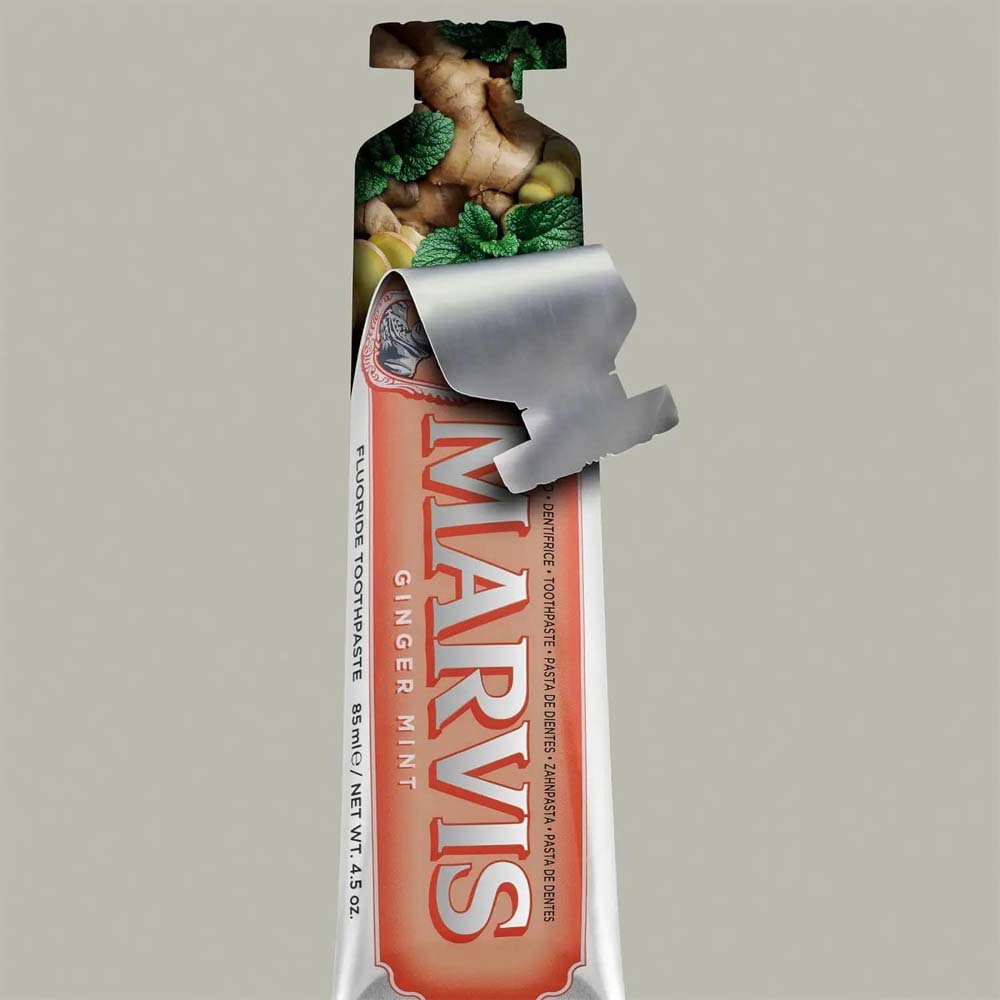 MARVIS Classic Ginger Mint Toothpaste. A sophisticated, warming mint flavor for oral care with a vintage aesthetic. 85 ml. Image