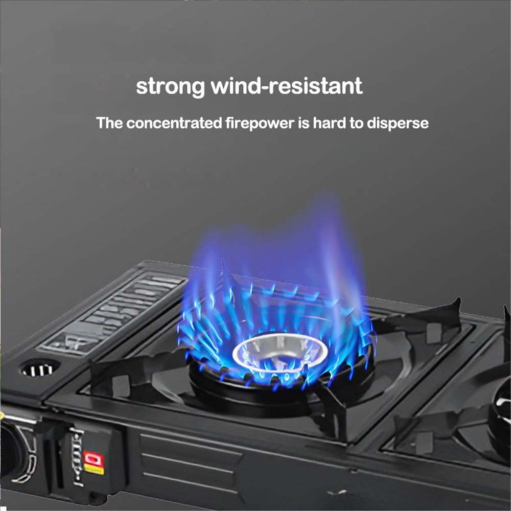 Portable Double Burner Card Stove. Windproof butane camp stove with 3-second ignition for fast outdoor cooking. Compact design. Image